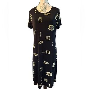 Vintage Y2K es•se USA Black Rayon Tribal Geometric Shift Dress M/L Resort Cruise